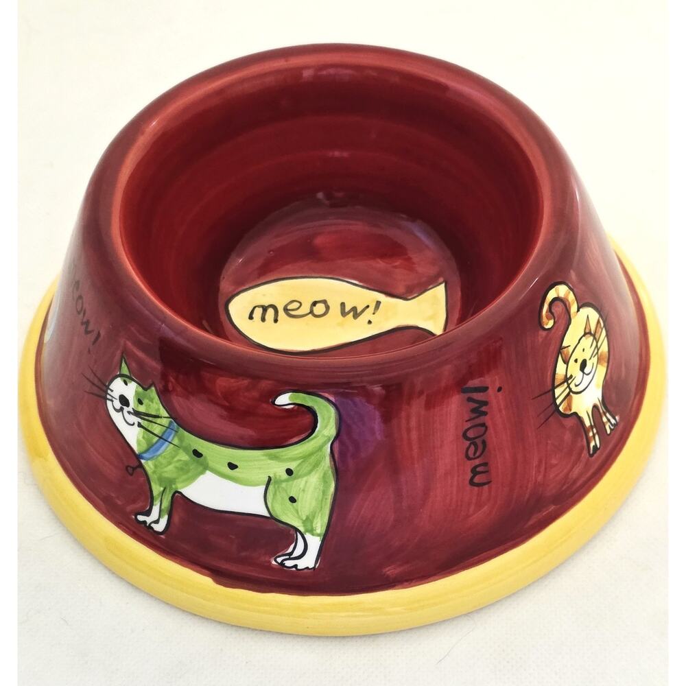 Danica SPOT Cat Bowl Ceramic Red Hand Painted "Meow" Cat Dish Pet Feeding Bowl